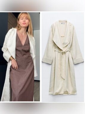 ZARA Trendy Frayed Contemporary City-Chic Relaxed-Fit Trench Coat Size XS/S NWT